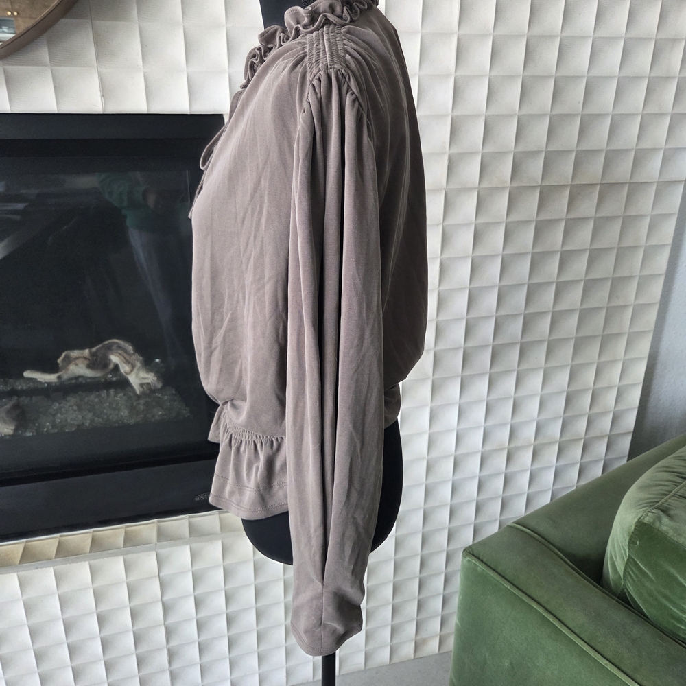 Elie Tahari Peplum Blouse Top with Tie Neck Ruffle Detail in Taupe Mocha, Medium - Picture 6 of 13